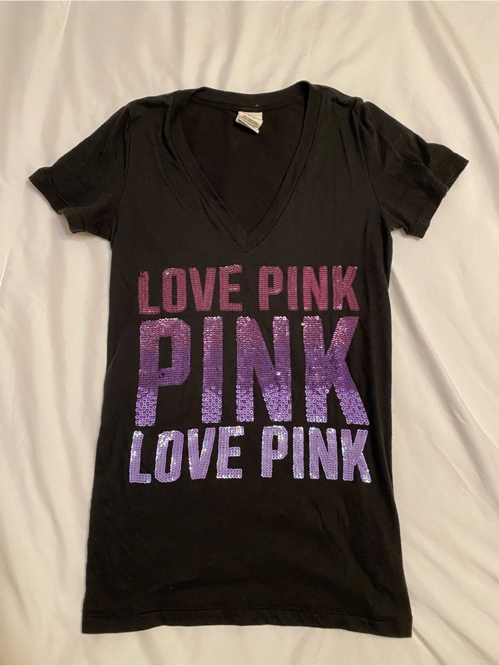Victoria's Secret Black V-Neck Tee with Pink and Purple Sequin Logo